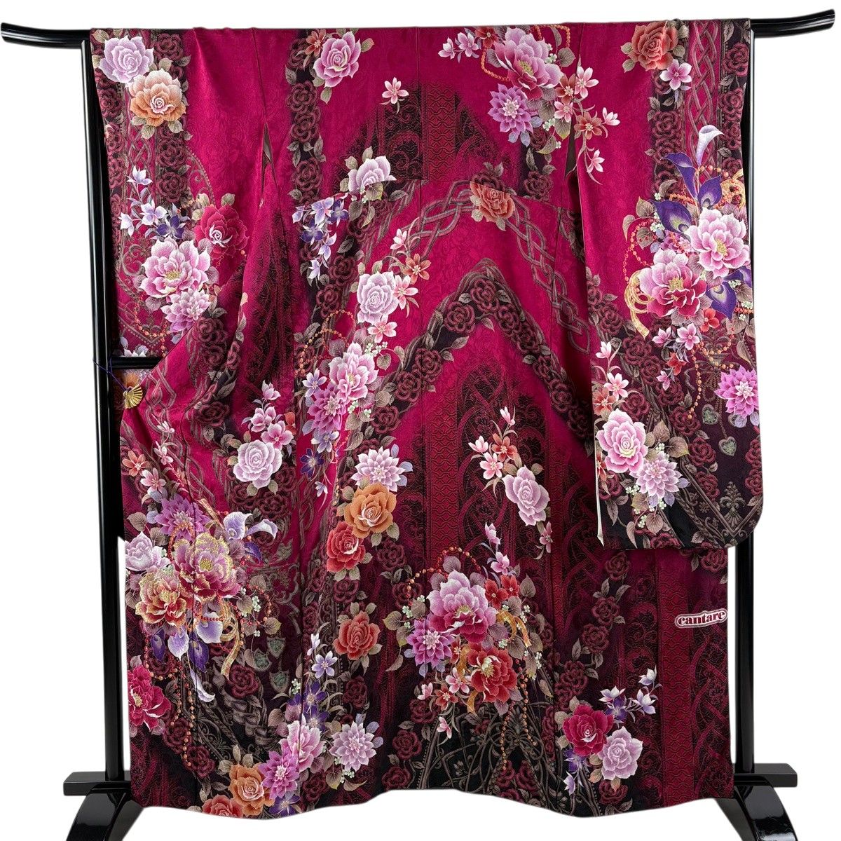 【美品】 振袖 身丈163cm 裄丈66cm M 袷 花束 装飾 金糸 箔 濃ピンク 正絹 秀品 【中古】