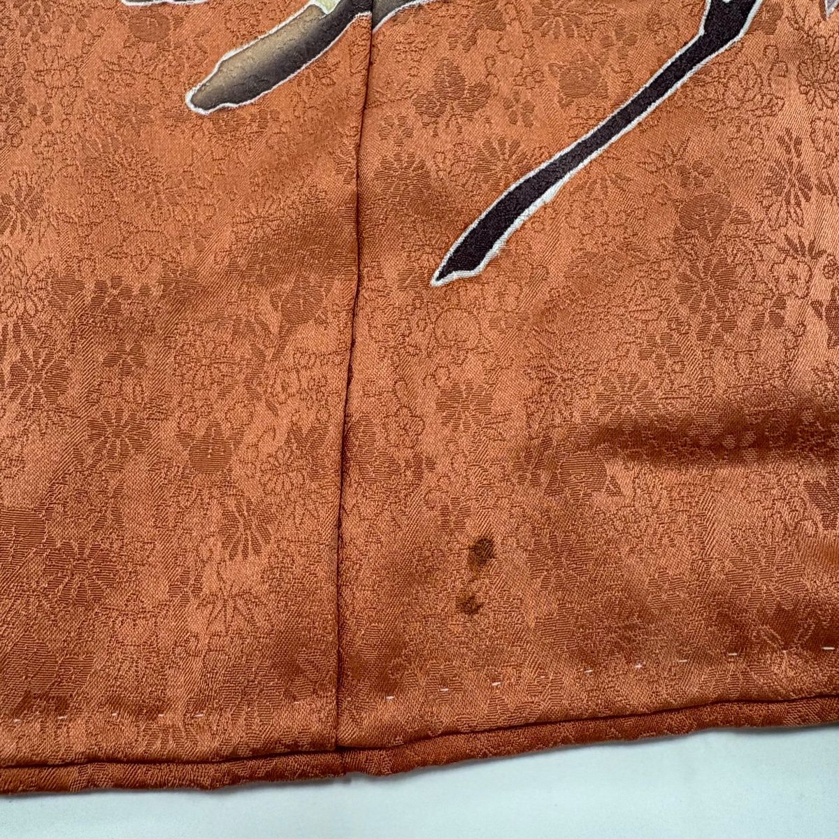 訪問着 身丈165.5cm 裄丈66.5cm M 袷 花筏 笠松 金糸 刺繍 サーモンピンク 正絹 秀品 【中古】