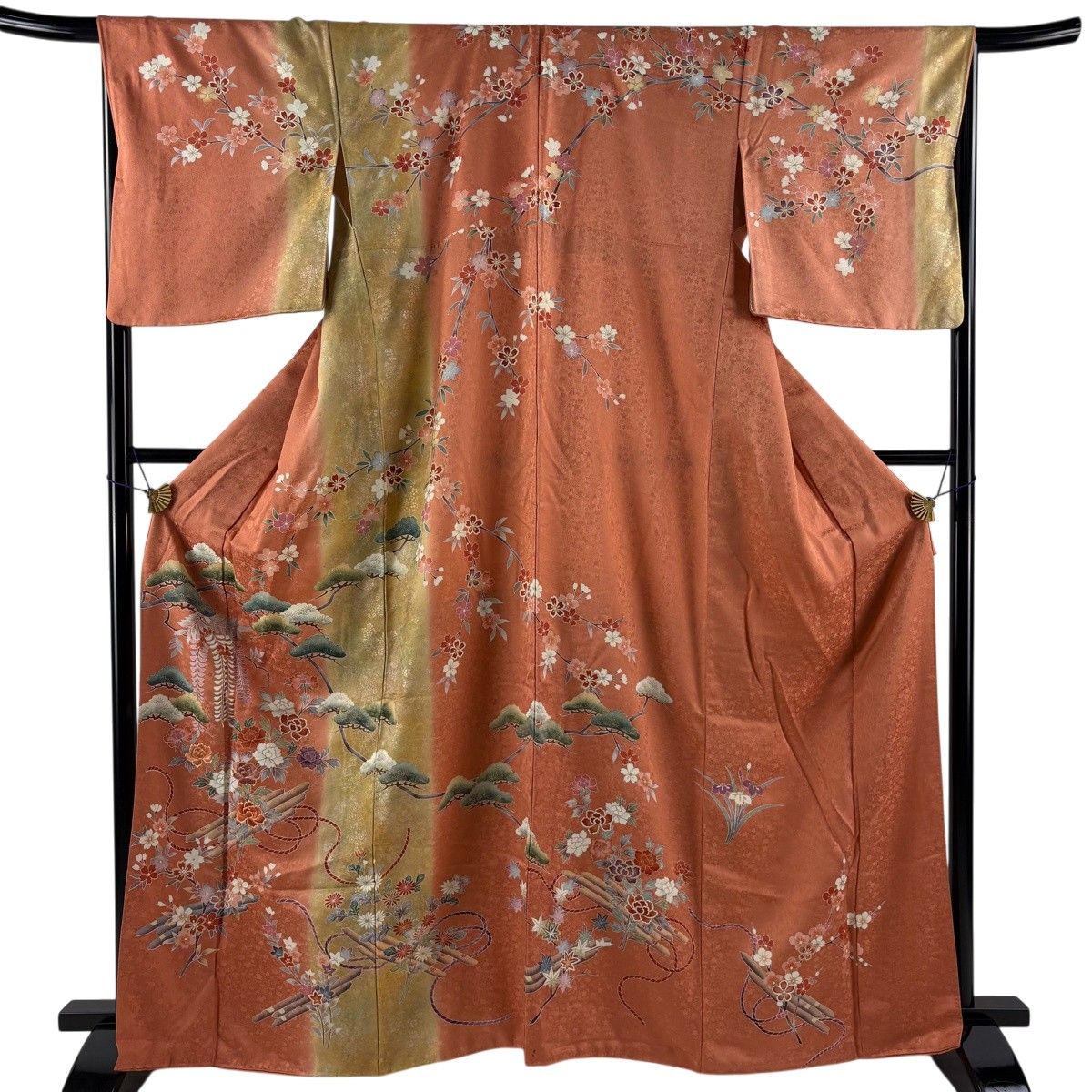 訪問着 身丈165.5cm 裄丈66.5cm M 袷 花筏 笠松 金糸 刺繍 サーモンピンク 正絹 秀品 【中古】