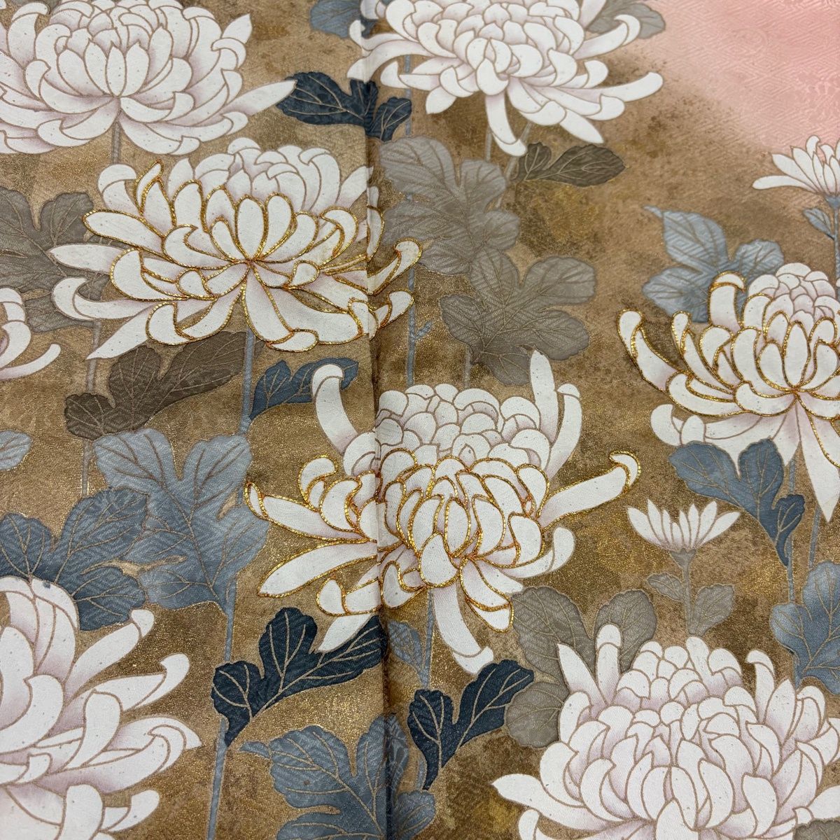 訪問着 身丈166.5cm 裄丈65.5cm M 袷 菊 金糸 金彩 薄ピンク 正絹 秀品 【中古】