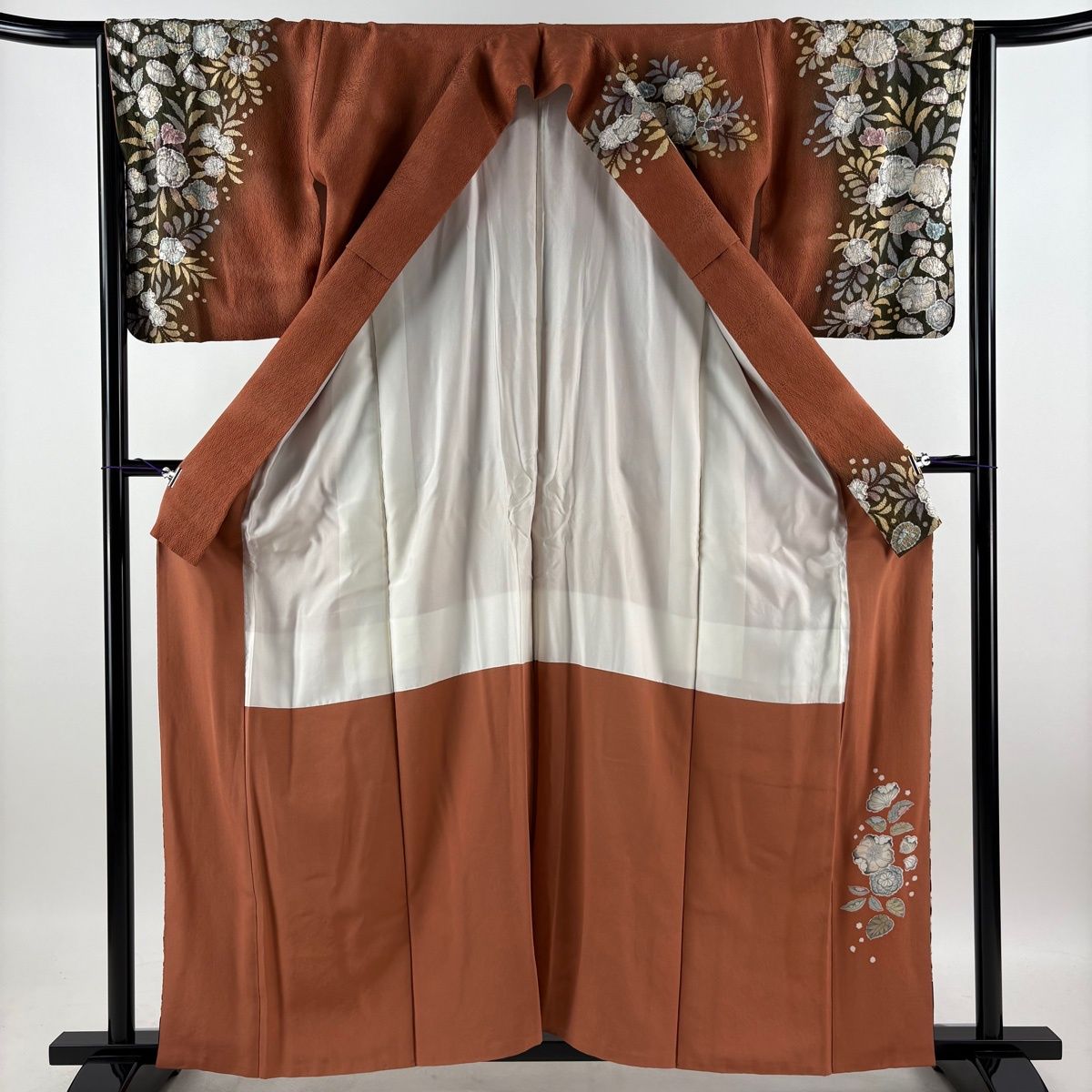 訪問着 身丈159cm 裄丈64cm M 袷 辻が花 金彩 染め分け 赤茶 正絹 秀品 【中古】