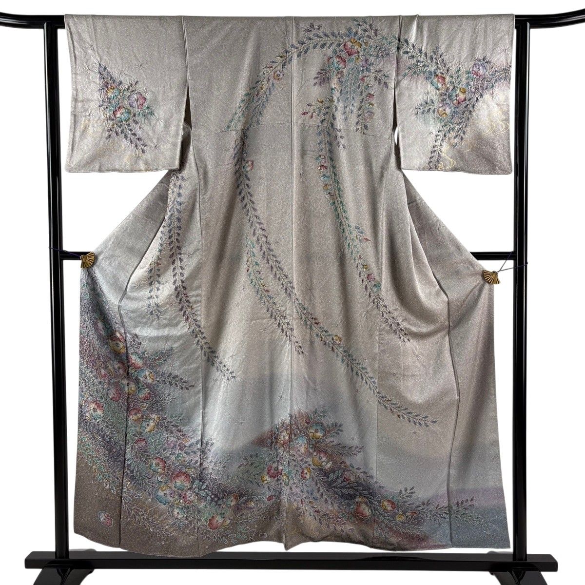 訪問着 身丈154cm 裄丈62cm S 袷 辻が花 金彩 ぼかし 灰紫 正絹 秀品 【中古】