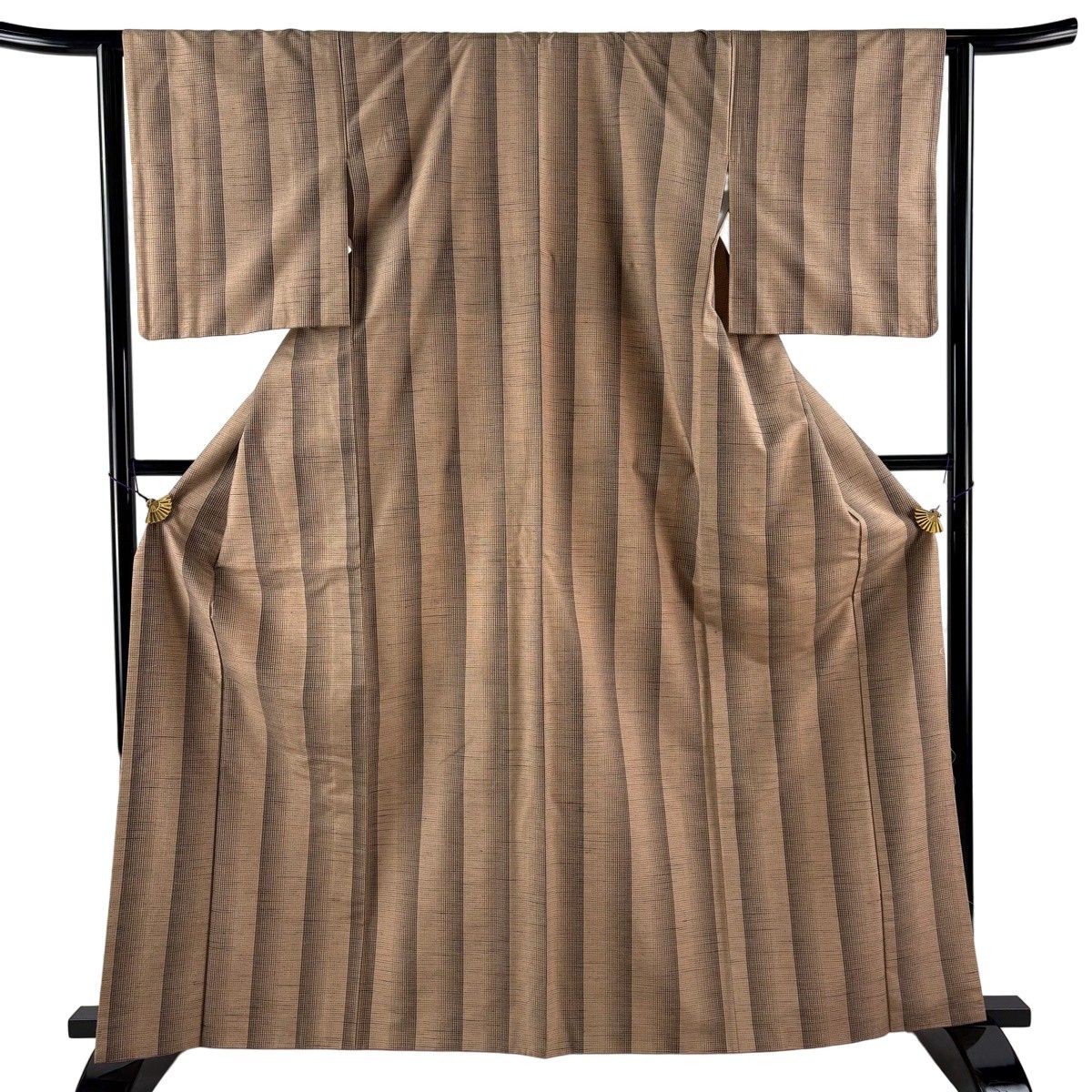【美品】 紬 身丈163.5cm 裄丈63cm S 袷 縞 格子 薄茶色 正絹 秀品 【中古】