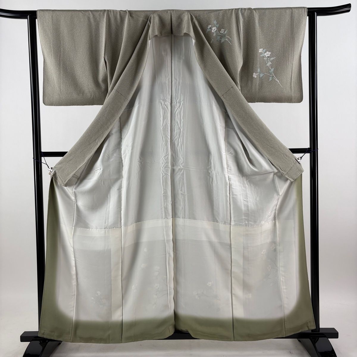 【美品】 付下げ 身丈159cm 裄丈62.5cm S 袷 枝花 ぼかし 灰緑 正絹 秀品 【中古】