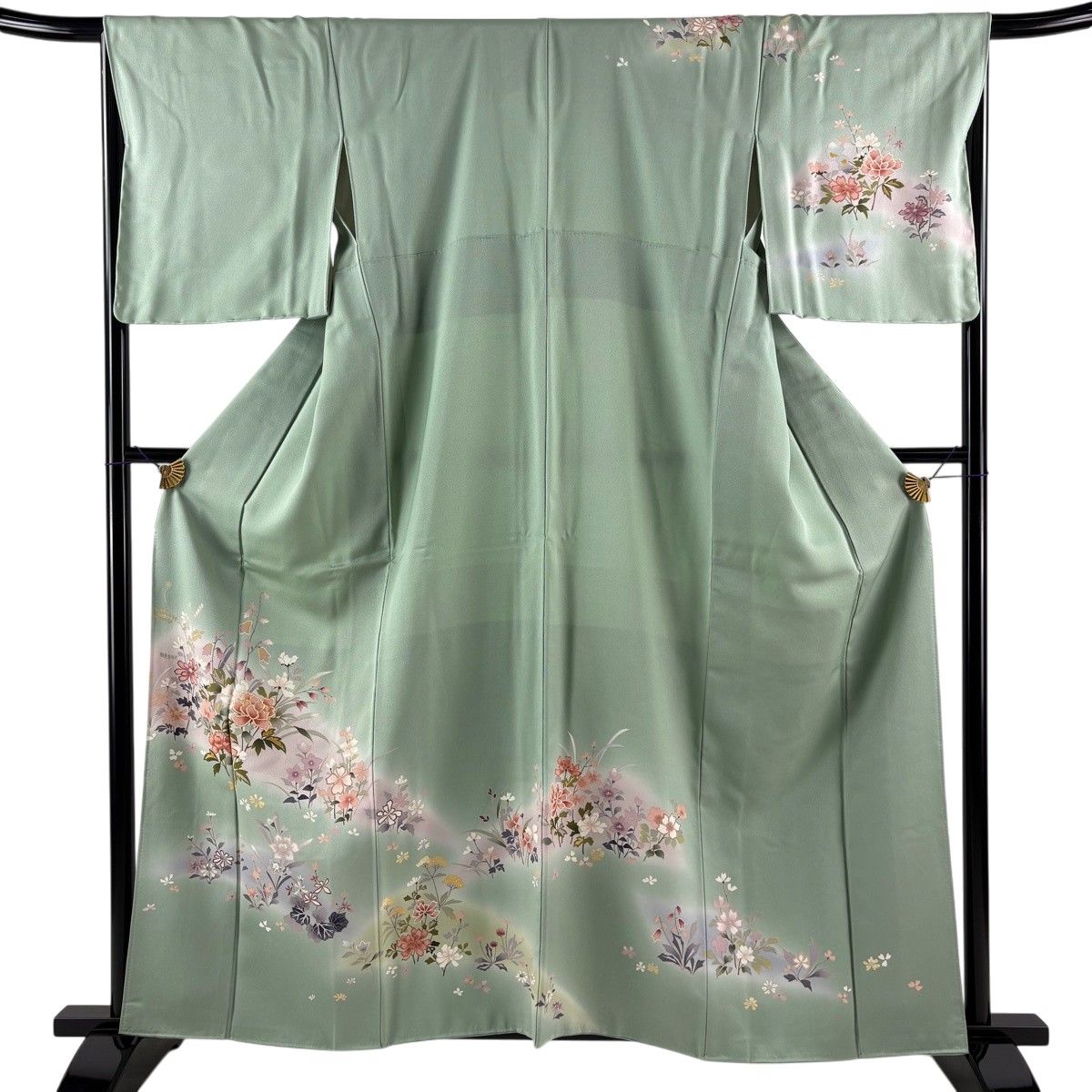 【美品】 訪問着 身丈160cm 裄丈66.5cm M 袷 草花 金糸 ぼかし 薄緑 正絹 秀品 【中古】