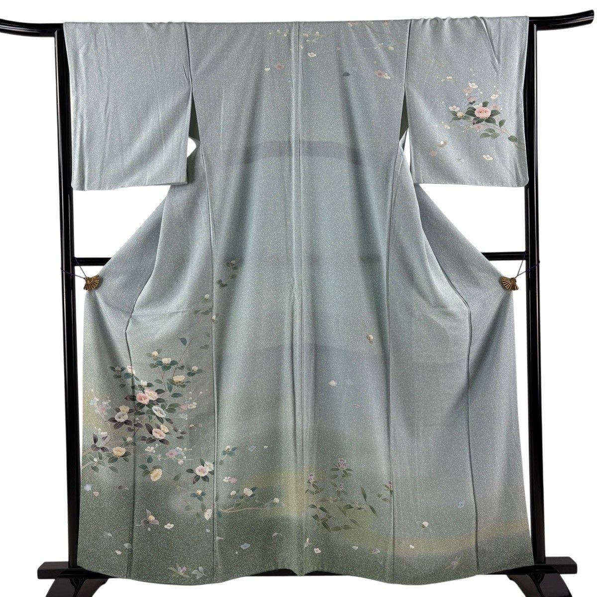 訪問着 身丈159.5cm 裄丈66cm M 袷 椿 枝梅 ぼかし 水色 正絹 秀品 【中古】