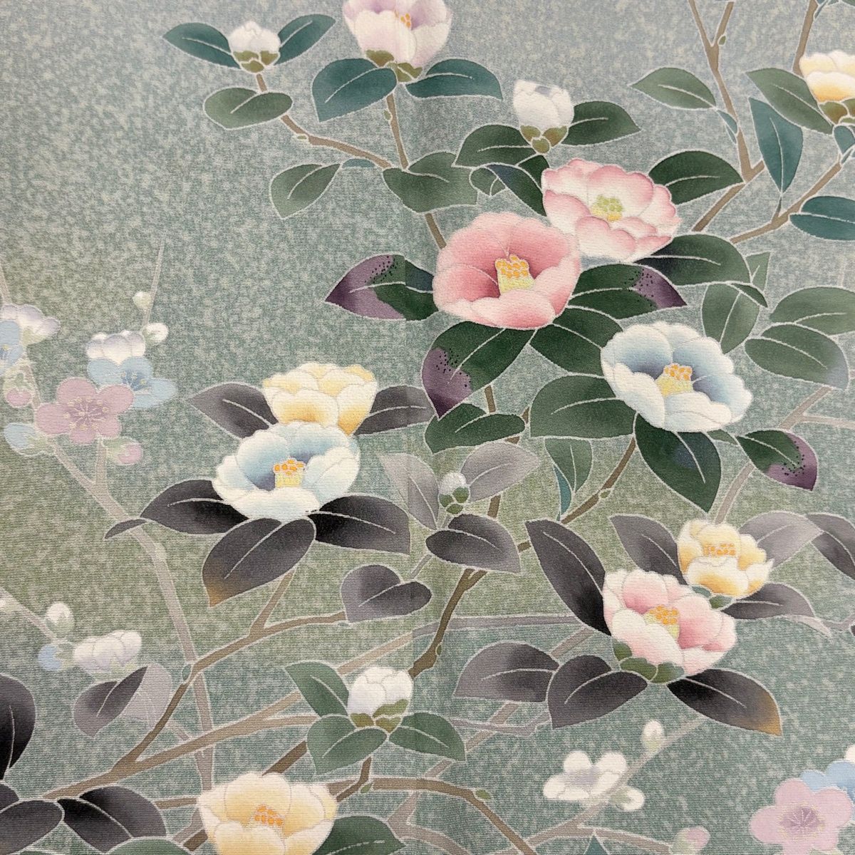 訪問着 身丈159.5cm 裄丈66cm M 袷 椿 枝梅 ぼかし 水色 正絹 秀品 【中古】 訪問着 身丈159.5cm 裄丈66cm M 袷 椿 枝梅 ぼかし 水色 正絹 秀品 【中古】