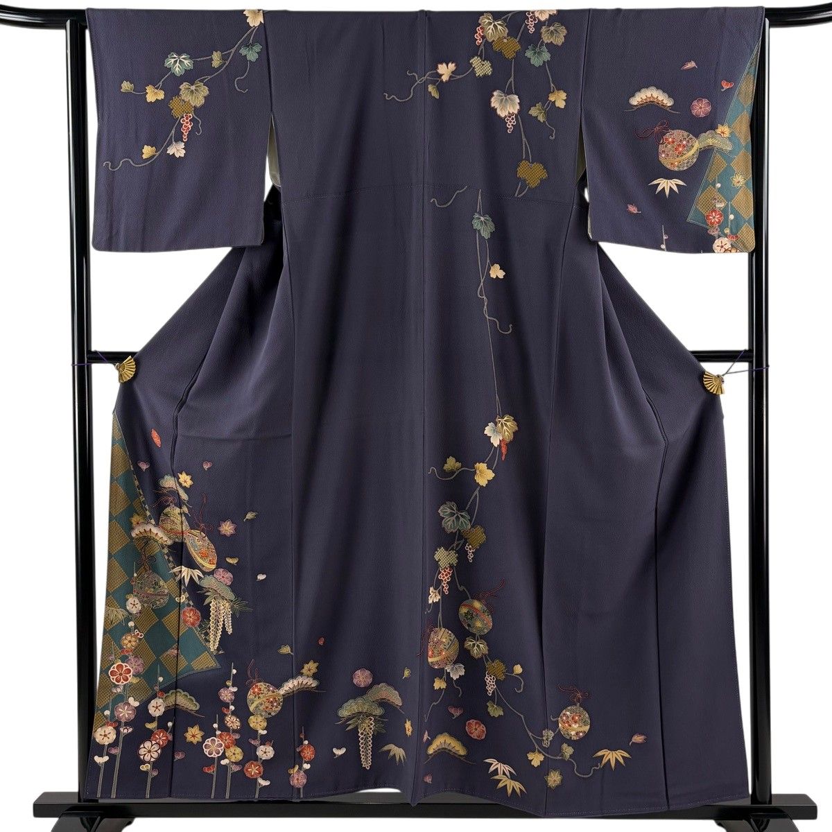訪問着 身丈156.5cm 裄丈65cm M 袷 鈴 松竹梅 金糸 金彩 紫 正絹 秀品