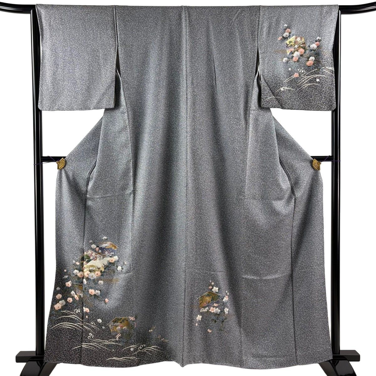【美品】 付下げ 身丈160.5cm 裄丈66.5cm M 袷 鶴 椿 金銀彩 ぼかし 灰色 正絹 秀品 【中古】