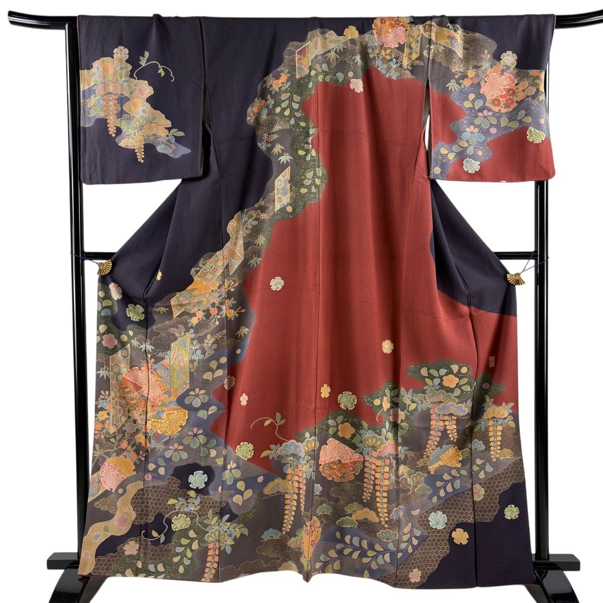 訪問着 身丈163cm 裄丈69.5cm L 袷 落款 雪輪 草花 金糸 金彩 濃紫 正絹 秀品 【中古】
