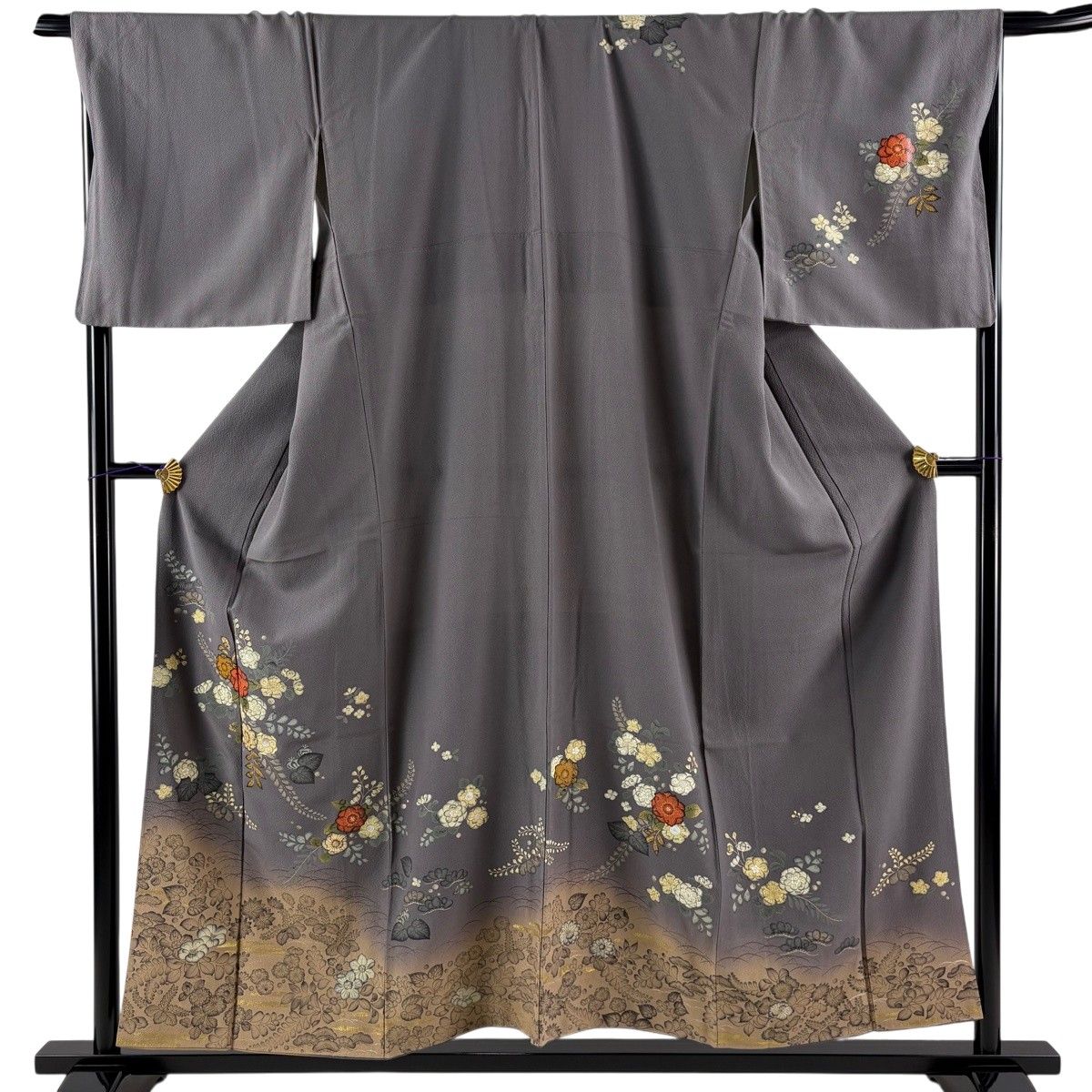 訪問着 身丈155.5cm 裄丈68.5cm L 袷 辻が花柄 松 金彩 染め分け 灰色 正絹 秀品 【中古】