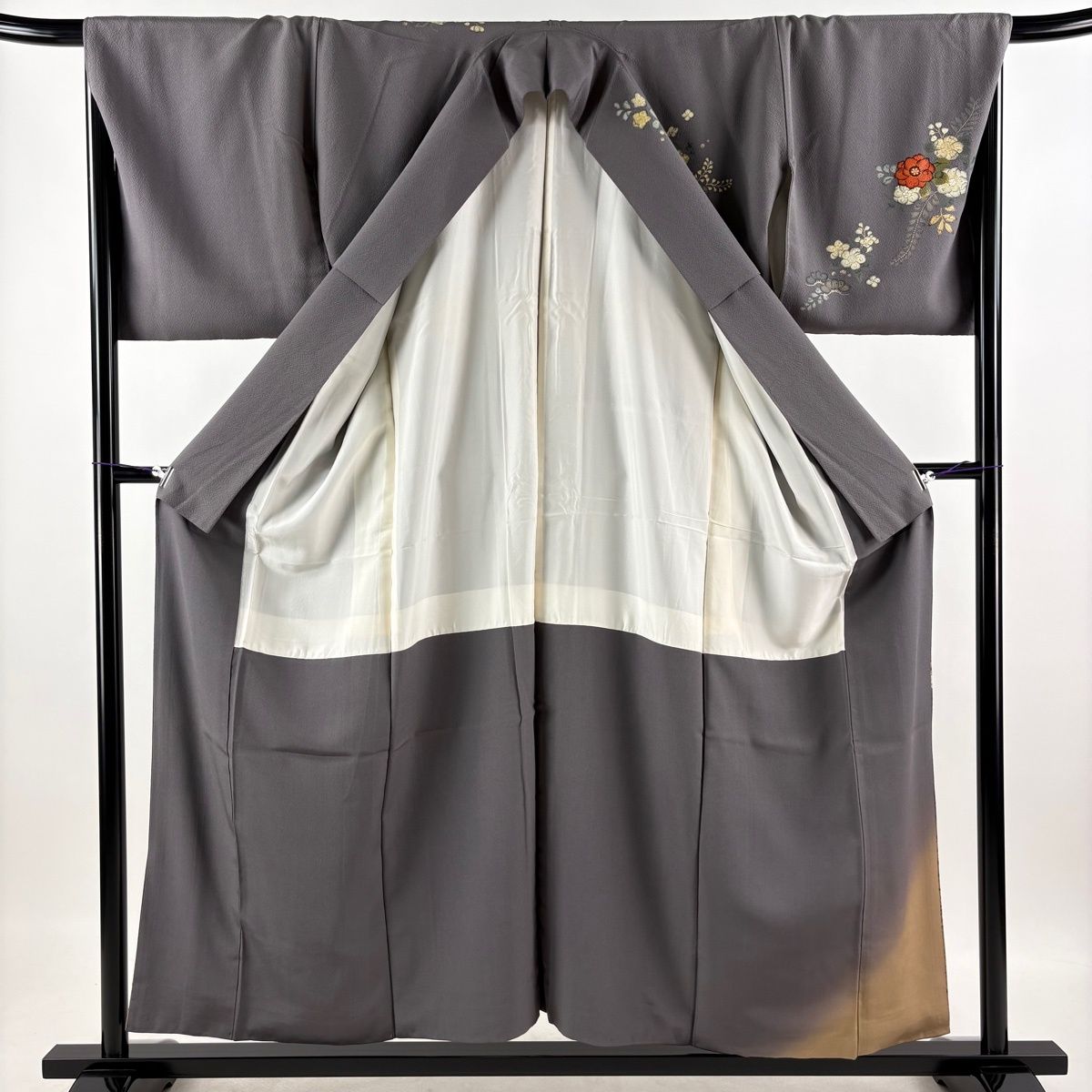 訪問着 身丈155.5cm 裄丈68.5cm L 袷 辻が花柄 松 金彩 染め分け 灰色 正絹 秀品 【中古】