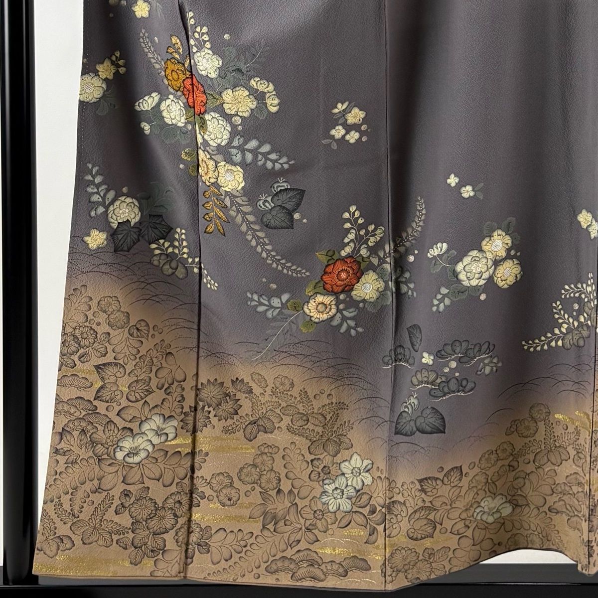 訪問着 身丈155.5cm 裄丈68.5cm L 袷 辻が花柄 松 金彩 染め分け 灰色 正絹 秀品 【中古】