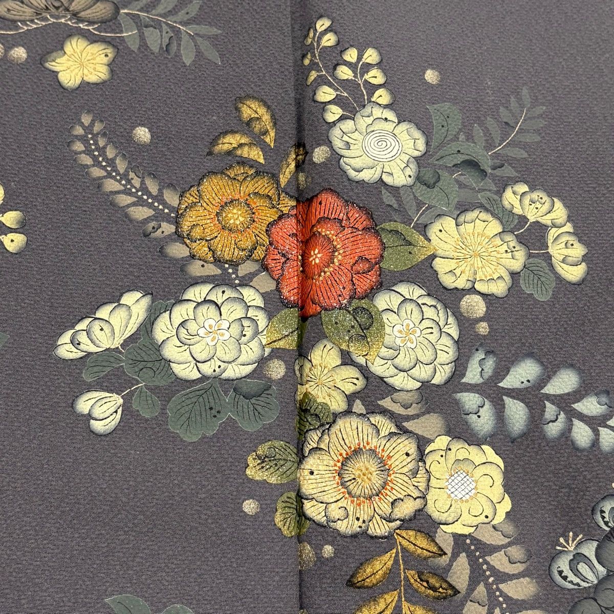 訪問着 身丈155.5cm 裄丈68.5cm L 袷 辻が花柄 松 金彩 染め分け 灰色 正絹 秀品 【中古】
