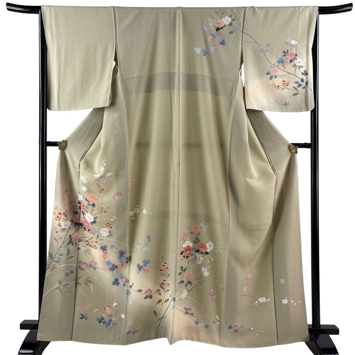 訪問着 身丈164cm 裄丈66cm M 袷 落款 枝花 枝梅 ぼかし 灰緑 正絹 秀品 【中古】