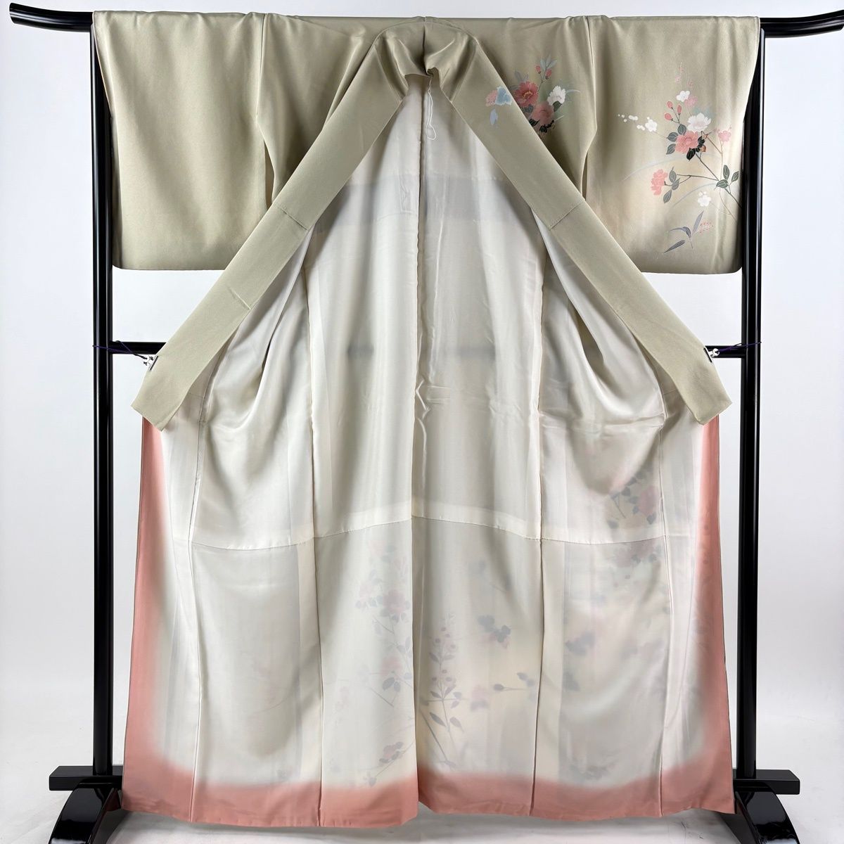 訪問着 身丈164cm 裄丈66cm M 袷 落款 枝花 枝梅 ぼかし 灰緑 正絹 秀品 【中古】