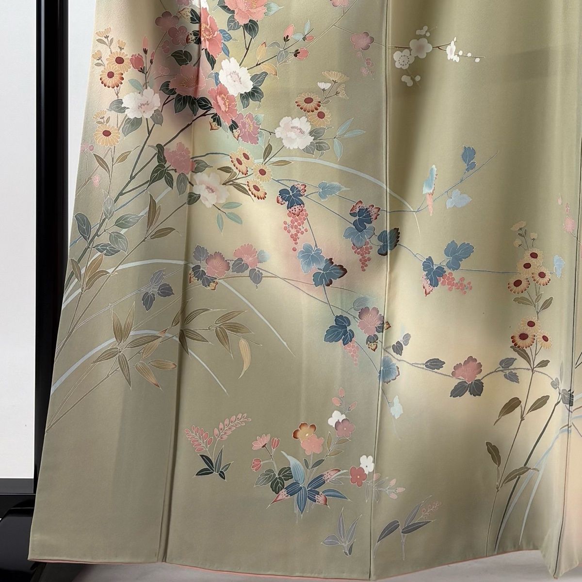 訪問着 身丈164cm 裄丈66cm M 袷 落款 枝花 枝梅 ぼかし 灰緑 正絹 秀品 【中古】