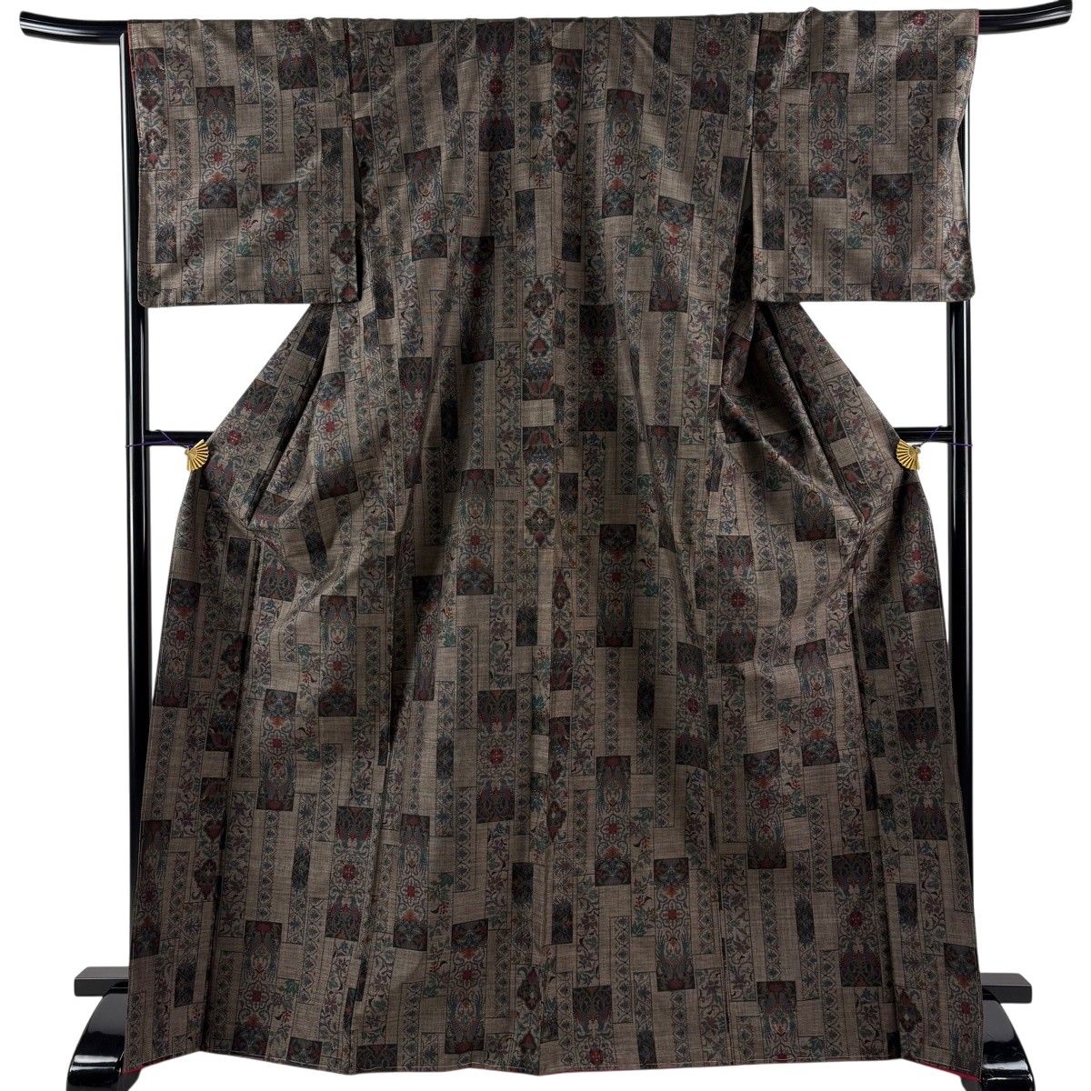 【美品】 大島紬 身丈169cm 裄丈67cm M 袷 花唐草 鳥 茶色 正絹 秀品 【中古】