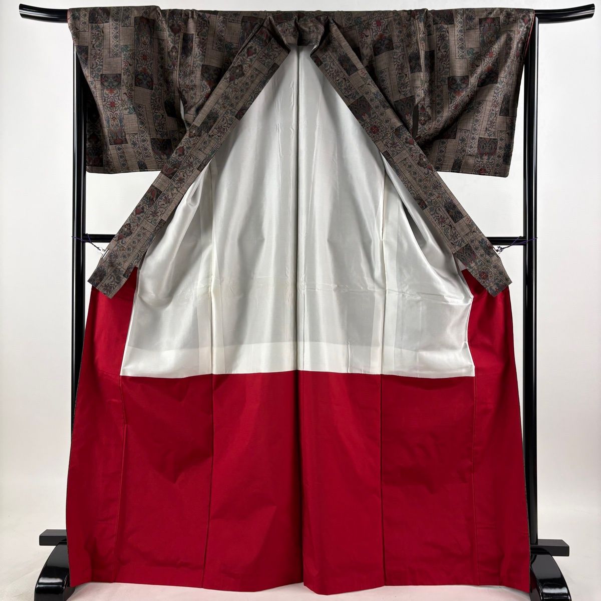 【美品】 大島紬 身丈169cm 裄丈67cm M 袷 花唐草 鳥 茶色 正絹 秀品 【中古】
