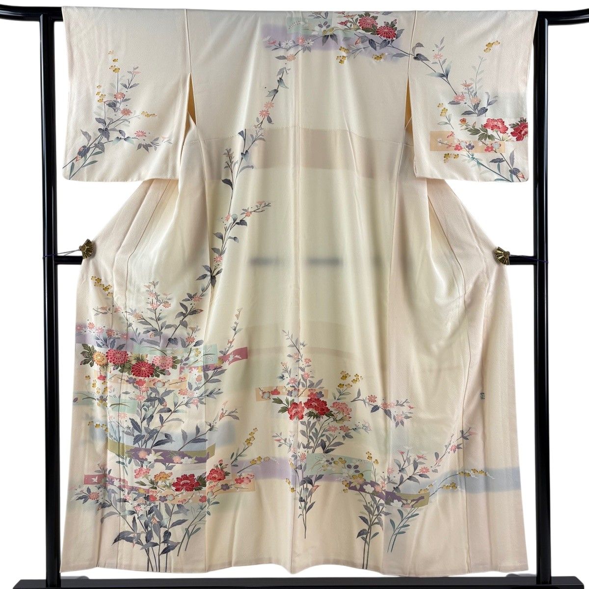 訪問着 身丈152.5cm 裄丈62cm S 袷 落款 菊 梅 金彩 ぼかし ベージュ 正絹 秀品 【中古】