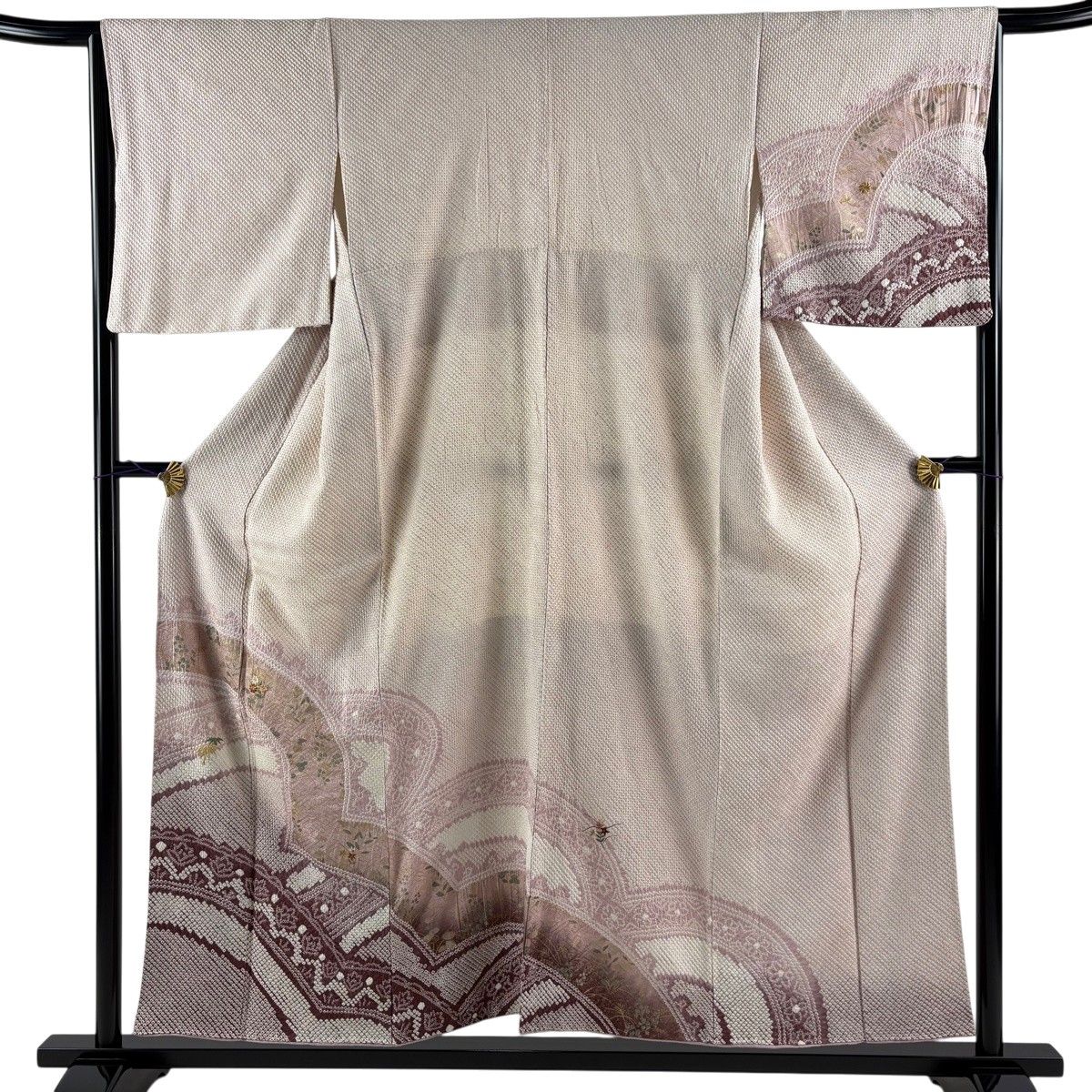 訪問着 身丈153.5cm 裄丈65cm M 袷 やまと 菊 竹 総絞り 刺繍 薄ピンク 正絹 秀品 【中古】