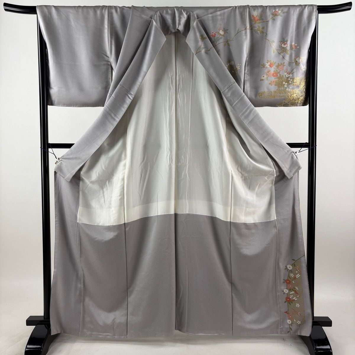 訪問着 身丈165cm 裄丈68.5cm L 袷 御所車 短冊 金糸 金彩 灰色 正絹 秀品 【中古】