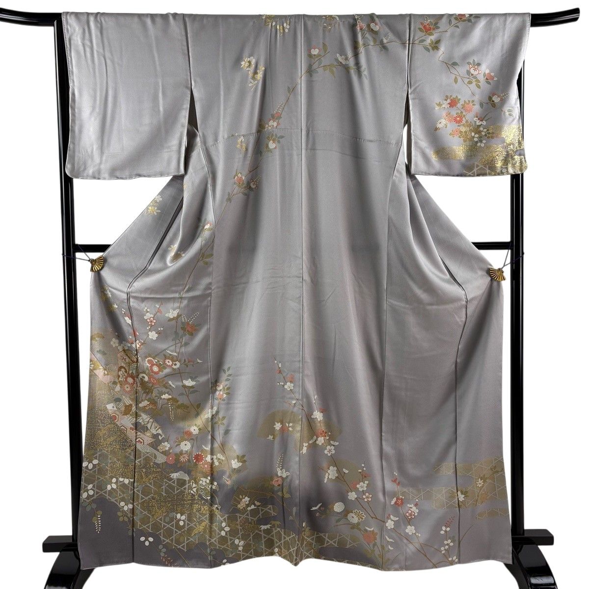 訪問着 身丈165cm 裄丈68.5cm L 袷 御所車 短冊 金糸 金彩 灰色 正絹 秀品 【中古】