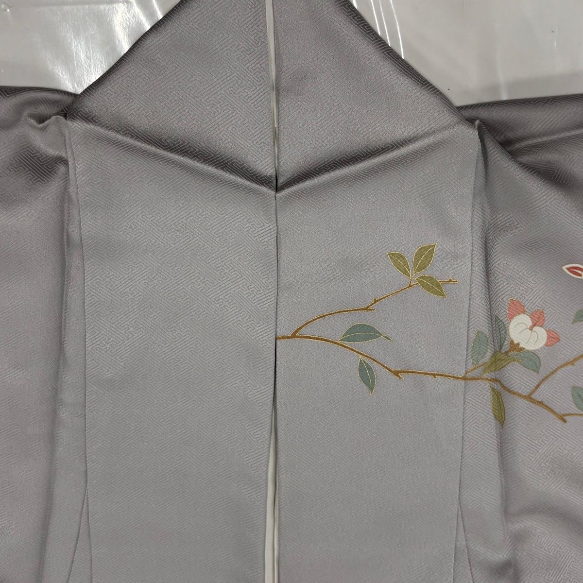 訪問着 身丈165cm 裄丈68.5cm L 袷 御所車 短冊 金糸 金彩 灰色 正絹 秀品 【中古】