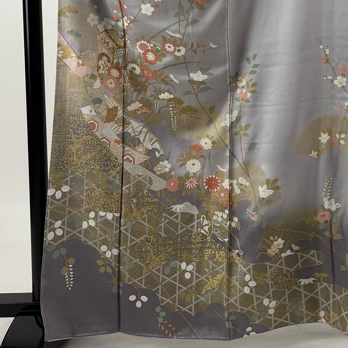 訪問着 身丈165cm 裄丈68.5cm L 袷 御所車 短冊 金糸 金彩 灰色 正絹 秀品 【中古】