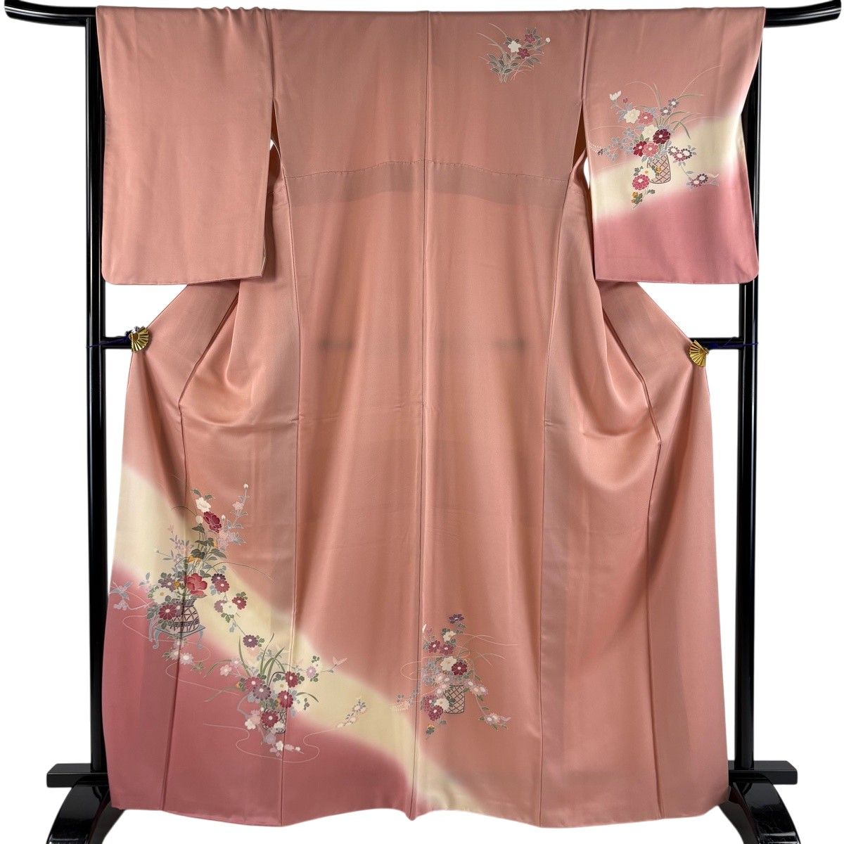 【美品】 訪問着 身丈165.5cm 裄丈67.5cm L 袷 花籠 流水 ぼかし ピンク 正絹 秀品 【中古】