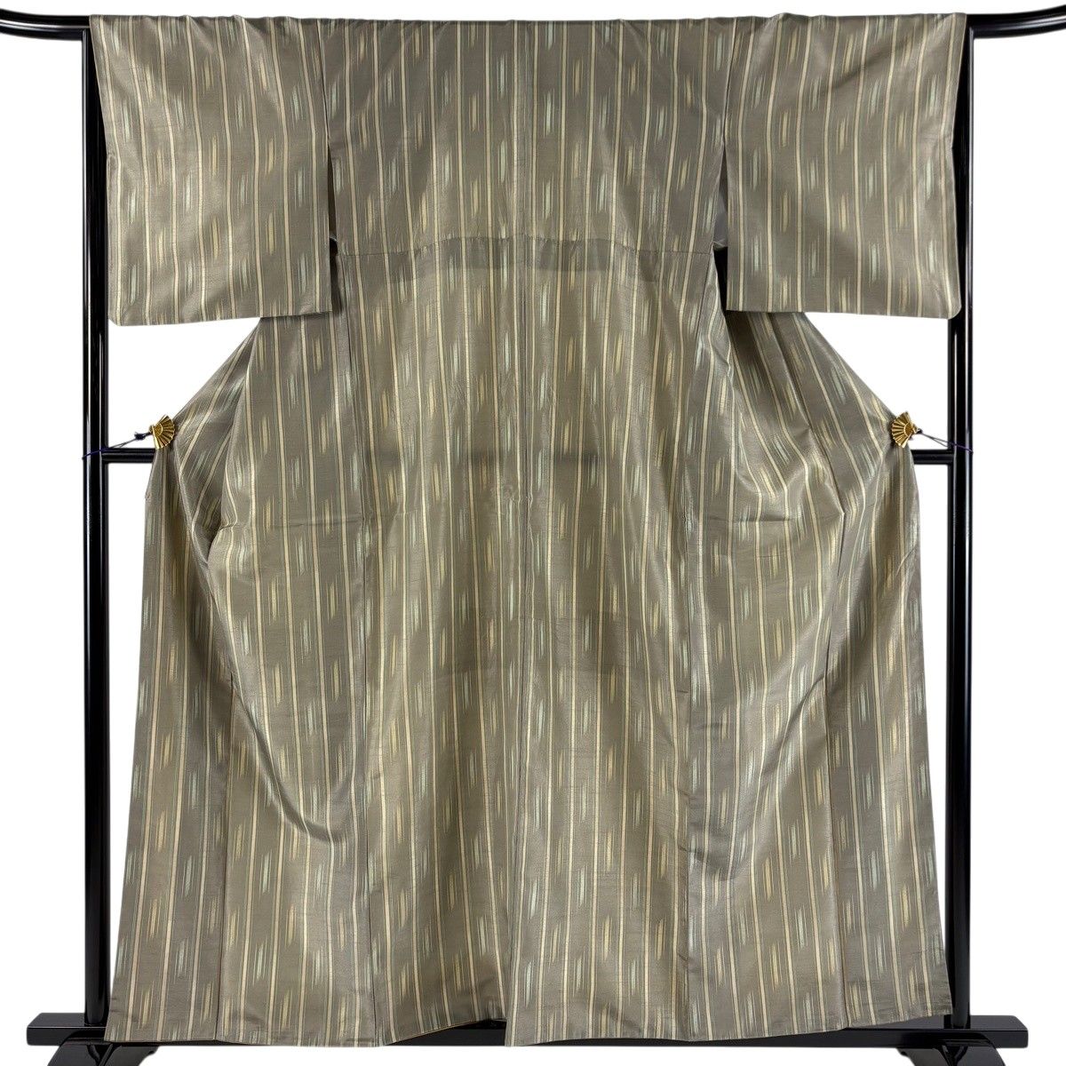【美品】 小紋 身丈159.5cm 裄丈66.5cm M 袷 縦縞 絣柄 灰茶 化繊 秀品 【中古】