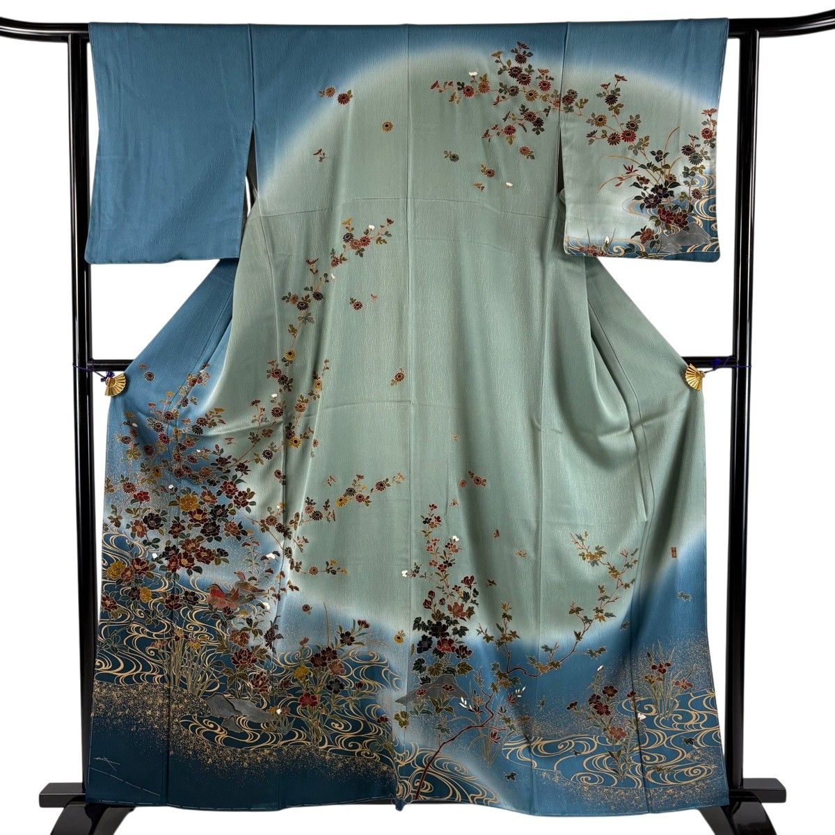 訪問着 身丈160.5cm 裄丈61cm S 袷 落款 花鳥 流水 金彩 ぼかし 青灰色 正絹 秀品 【中古】