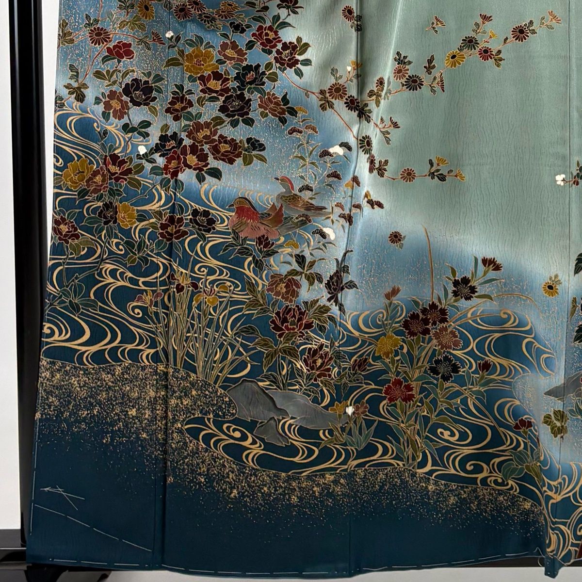 訪問着 身丈160.5cm 裄丈61cm S 袷 落款 花鳥 流水 金彩 ぼかし 青灰色 正絹 秀品 【中古】