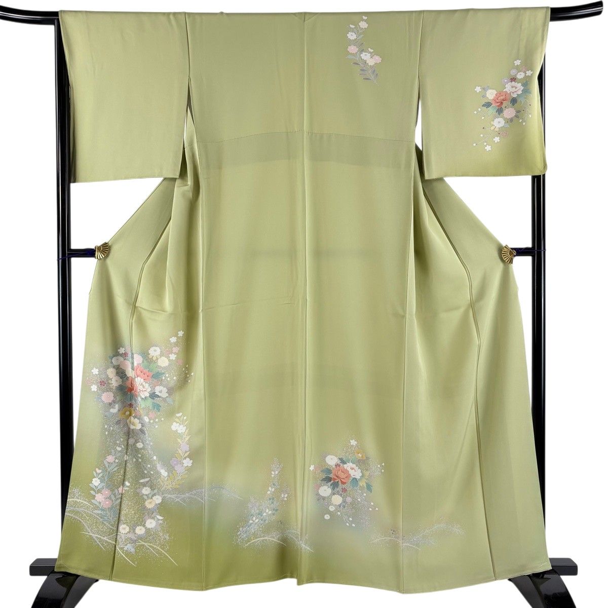 訪問着 身丈162cm 裄丈67.5cm L 袷 牡丹 草花 金彩 ぼかし 抹茶色 正絹 秀品 【中古】