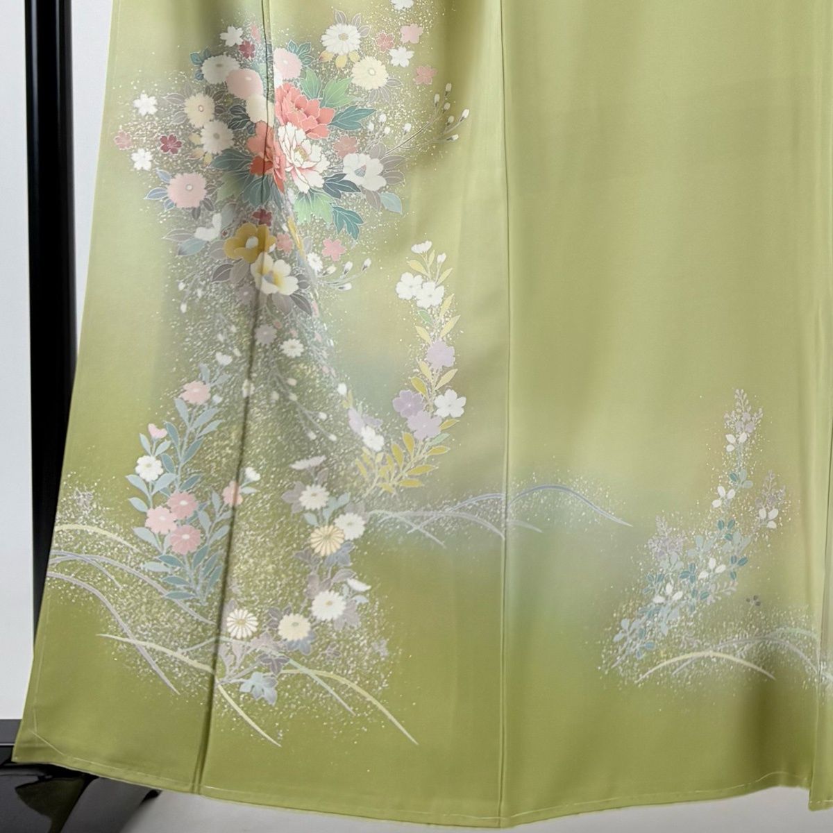 訪問着 身丈162cm 裄丈67.5cm L 袷 牡丹 草花 金彩 ぼかし 抹茶色 正絹 秀品 【中古】