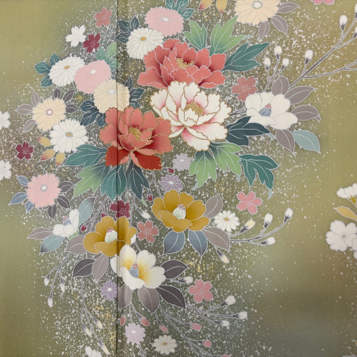 訪問着 身丈162cm 裄丈67.5cm L 袷 牡丹 草花 金彩 ぼかし 抹茶色 正絹 秀品 【中古】