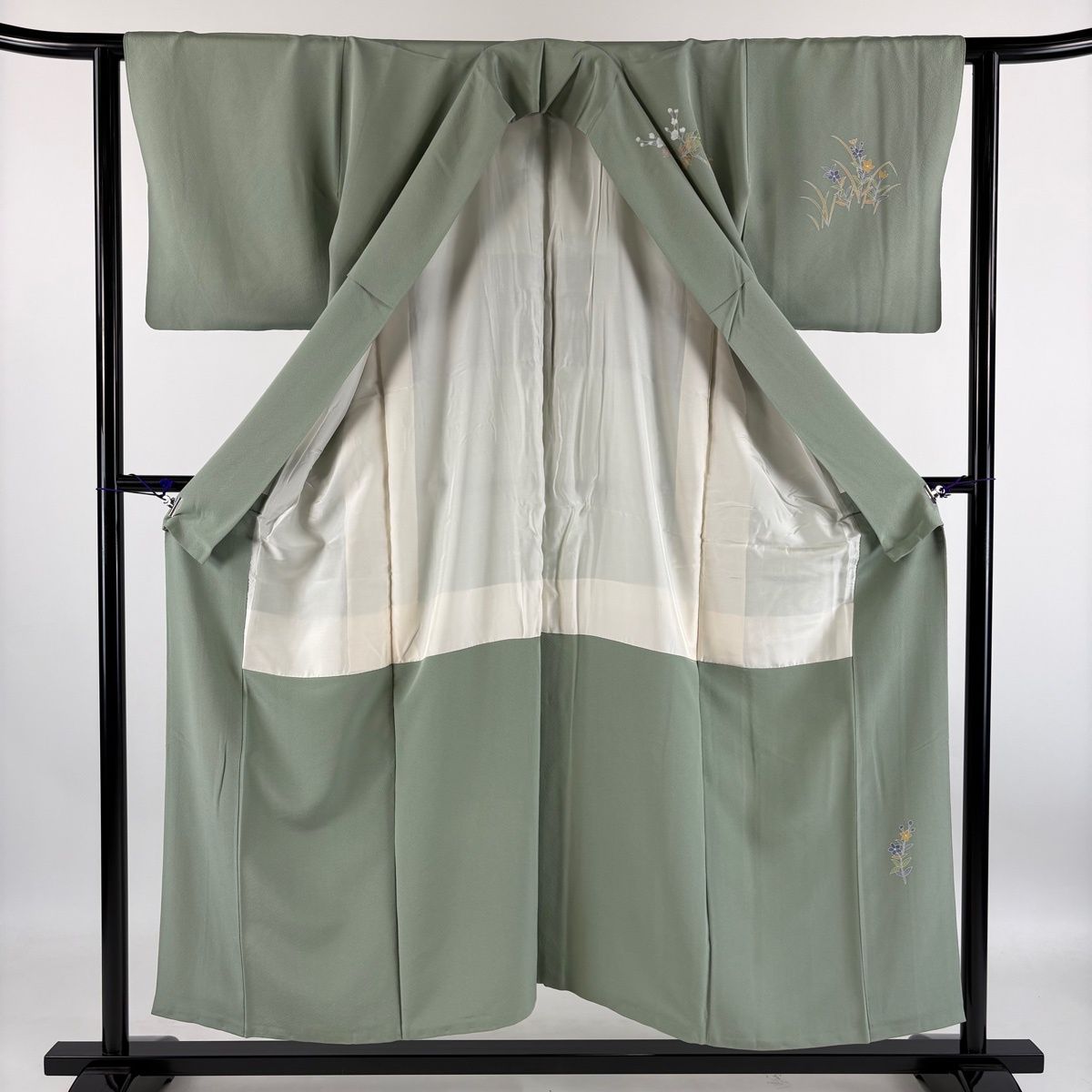 訪問着 身丈152cm 裄丈62cm S 袷 落款 桜 草花 ぼかし 薄緑 正絹 秀品 一つ紋 【中古】