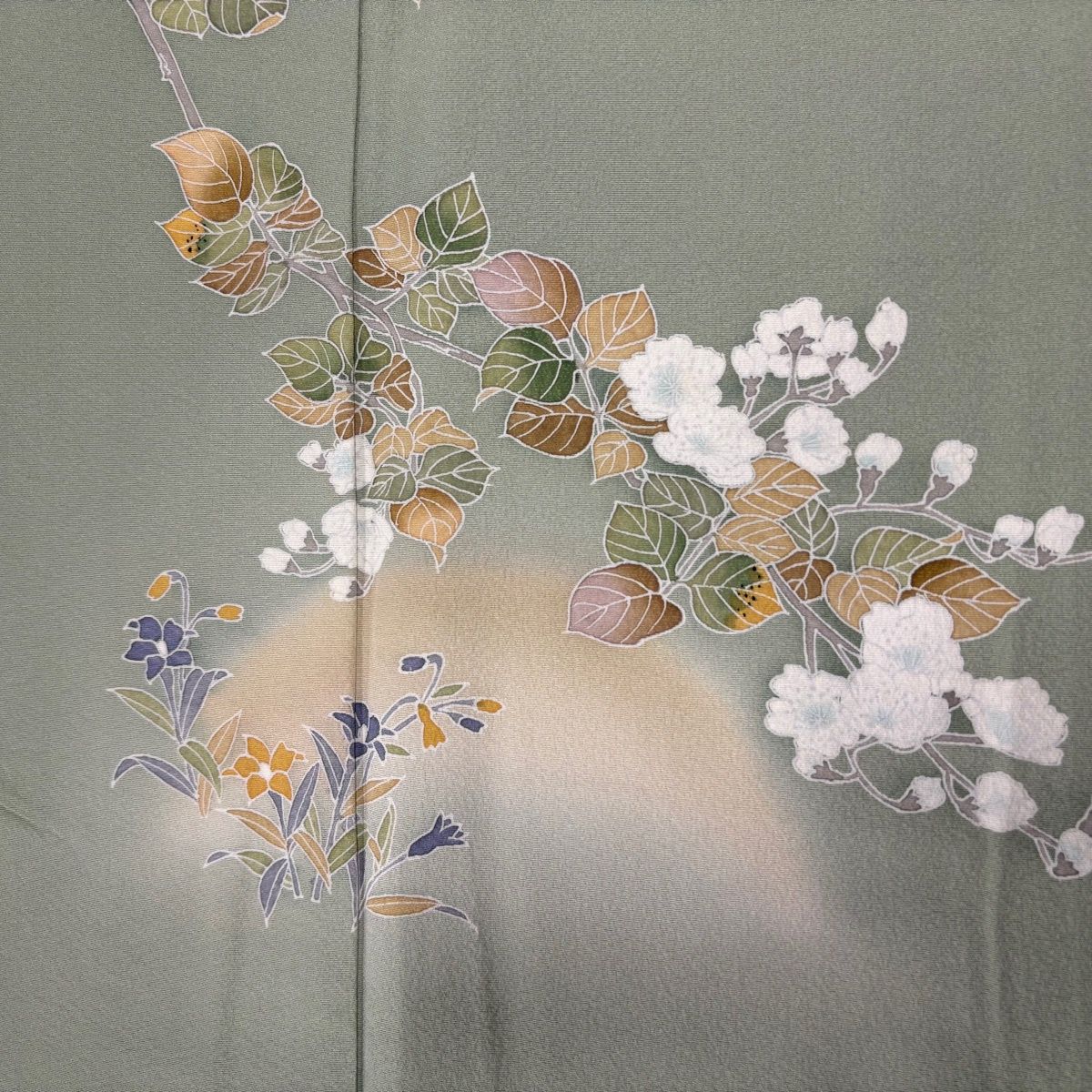 訪問着 身丈152cm 裄丈62cm S 袷 落款 桜 草花 ぼかし 薄緑 正絹 秀品 一つ紋 【中古】