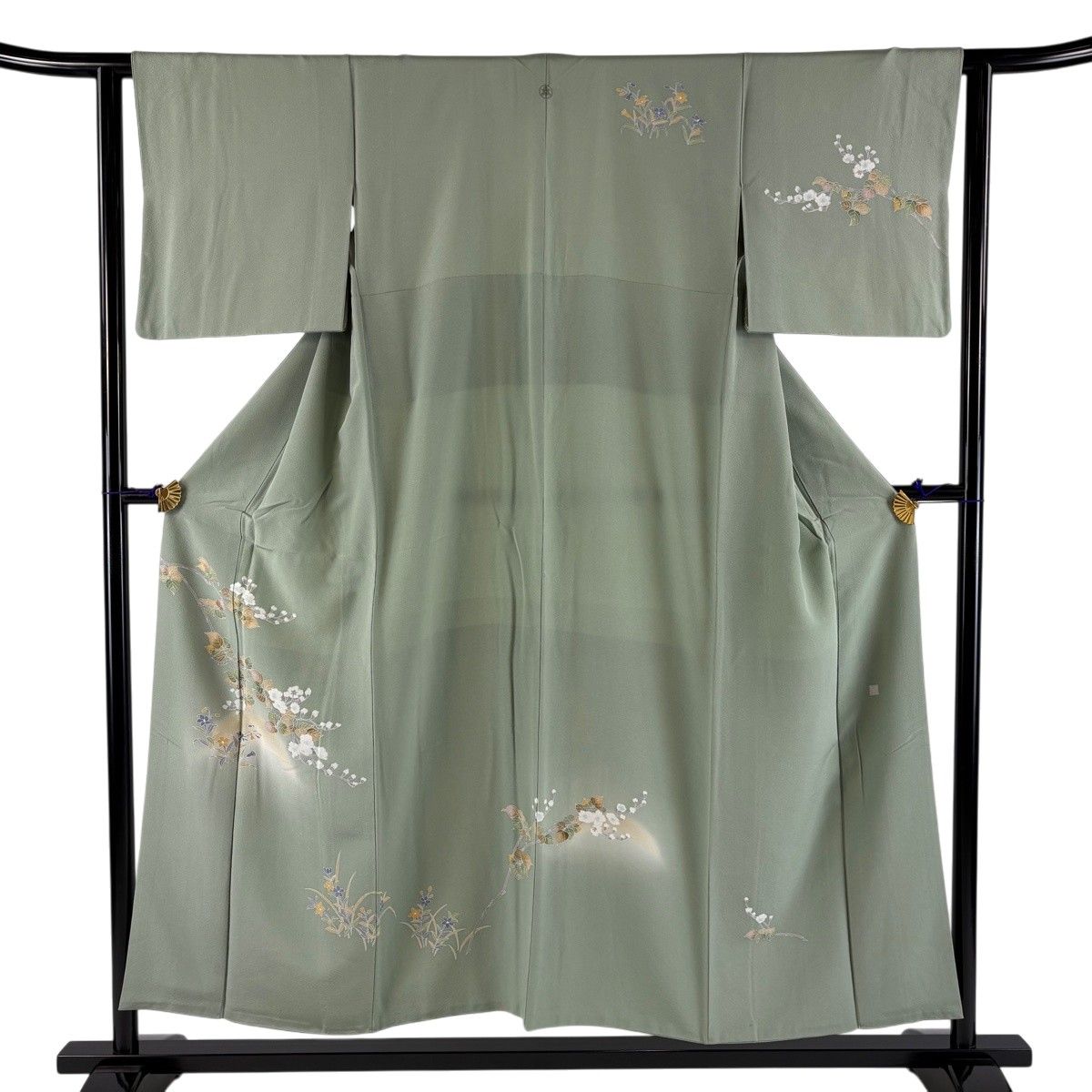訪問着 身丈152cm 裄丈62cm S 袷 落款 桜 草花 ぼかし 薄緑 正絹 秀品 一つ紋 【中古】