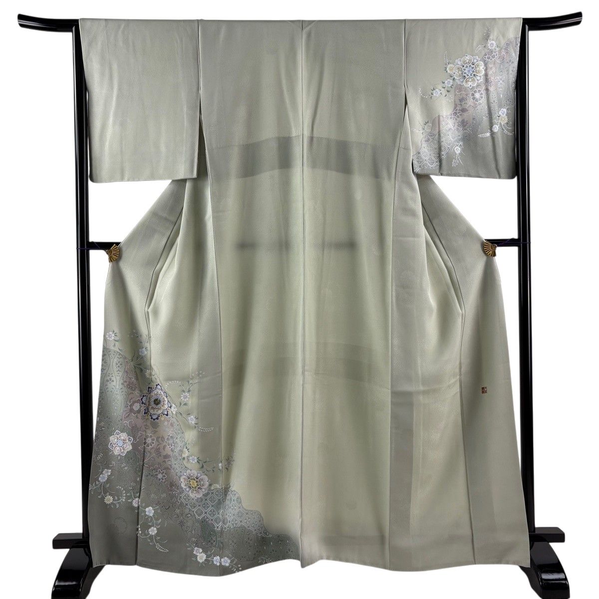 【美品】 付下げ 身丈164cm 裄丈65cm M 袷 落款 華文 草花 螺鈿 金銀彩 薄緑 正絹 秀品 【中古】