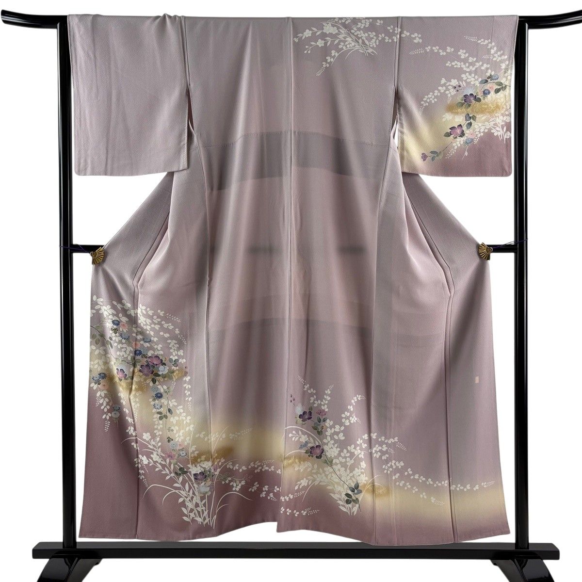 訪問着 身丈152.5cm 裄丈64cm M 袷 落款 枝花 草花 金彩 ぼかし 灰紫 正絹 秀品 【中古】