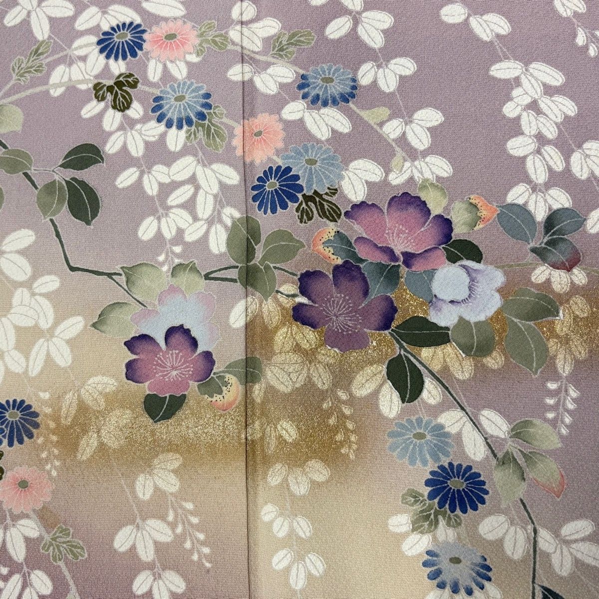 訪問着 身丈152.5cm 裄丈64cm M 袷 落款 枝花 草花 金彩 ぼかし 灰紫 正絹 秀品 【中古】 訪問着 身丈152.5cm 裄丈64cm M 袷 落款 枝花 草花 金彩 ぼかし 灰紫 正絹 秀品 【中古】