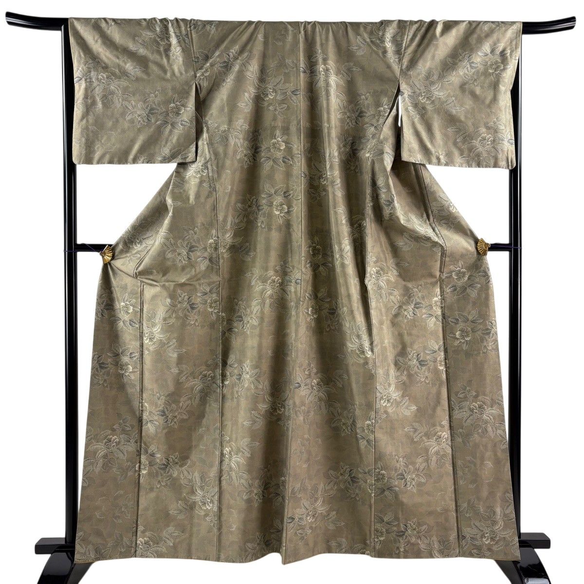 【美品】 紬 身丈162cm 裄丈68.5cm L 袷 枝花 茶緑色 正絹 秀品 【中古】