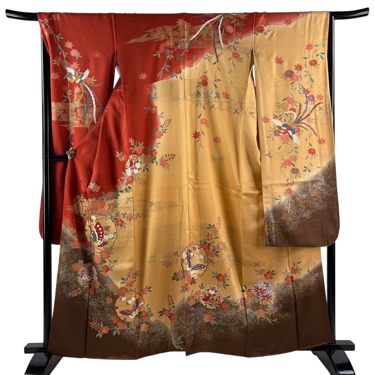 【美品】 振袖 身丈159cm 裄丈67cm M 袷 雪輪 蝶 金糸 金銀彩 朱色 正絹 秀品 【中古】