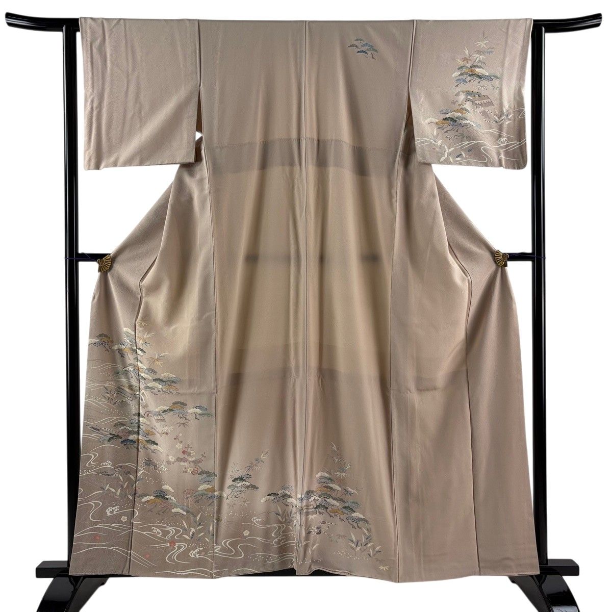 訪問着 身丈158.5cm 裄丈62.5cm S 袷 松竹梅 網干 ぼかし 灰茶 正絹 秀品 【中古】