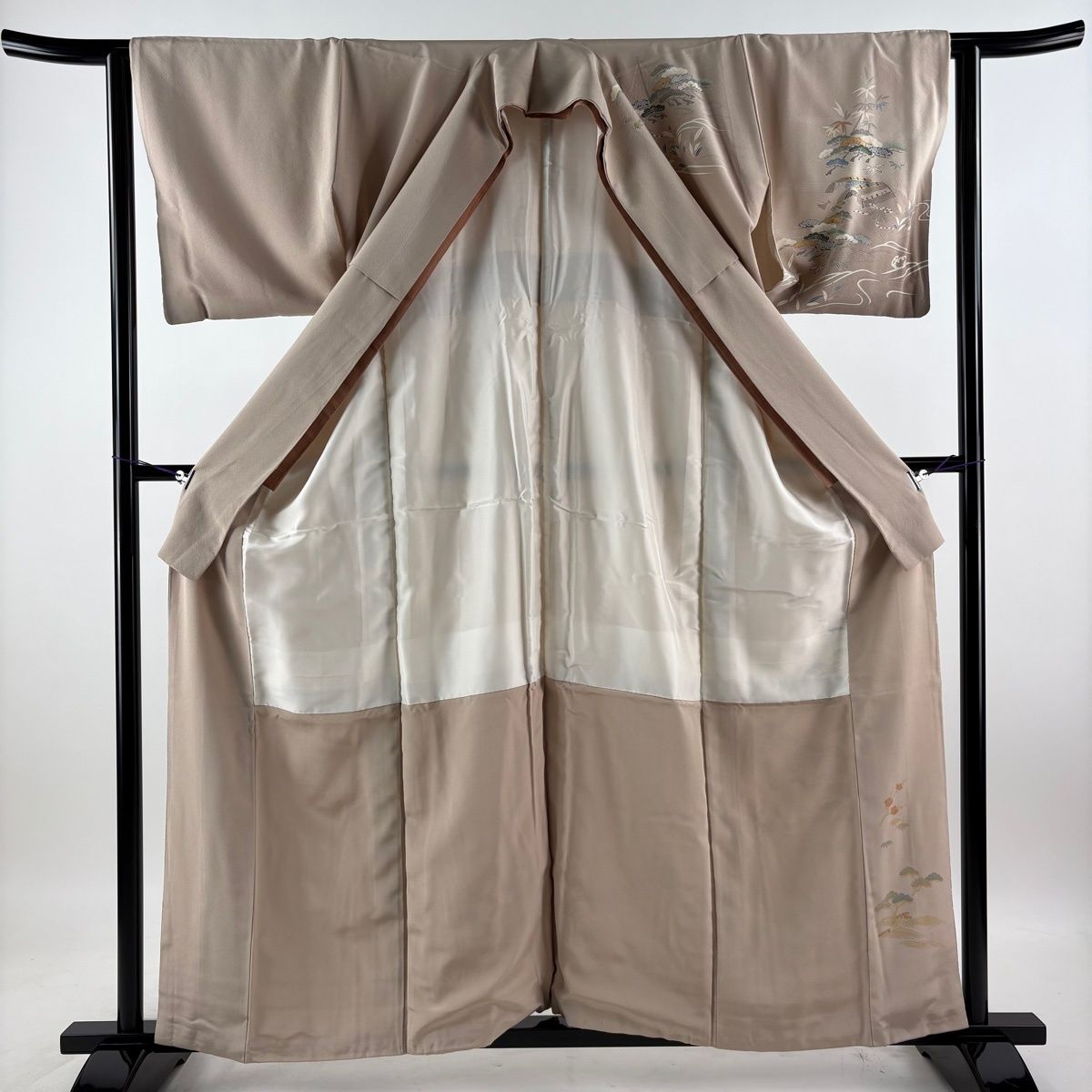 訪問着 身丈158.5cm 裄丈62.5cm S 袷 松竹梅 網干 ぼかし 灰茶 正絹 秀品 【中古】 訪問着 身丈158.5cm 裄丈62.5cm S 袷 松竹梅 網干 ぼかし 灰茶 正絹 秀品 【中古】