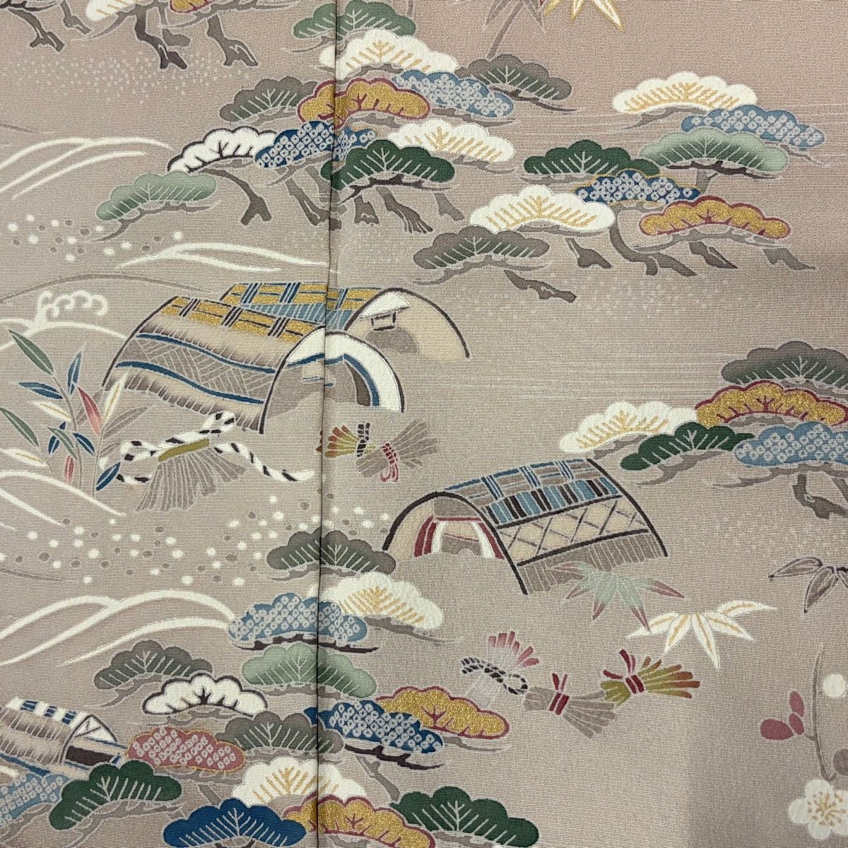 訪問着 身丈158.5cm 裄丈62.5cm S 袷 松竹梅 網干 ぼかし 灰茶 正絹 秀品 【中古】 訪問着 身丈158.5cm 裄丈62.5cm S 袷 松竹梅 網干 ぼかし 灰茶 正絹 秀品 【中古】