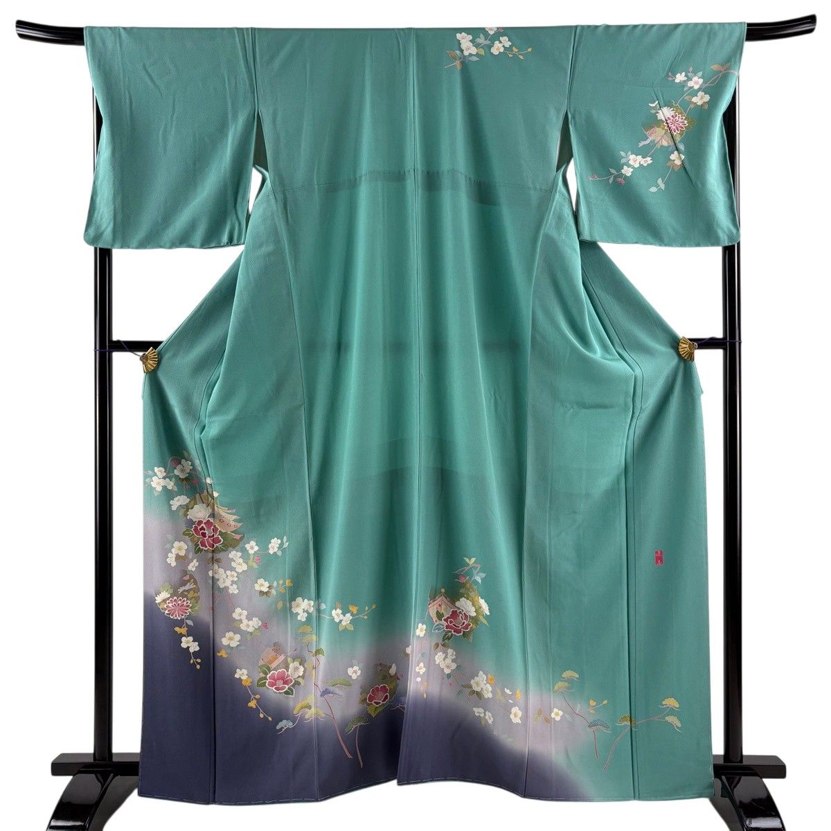 訪問着 身丈162cm 裄丈68.5cm L 袷 落款 雪輪 草花 金彩 ぼかし 青緑 正絹 秀品 【中古】