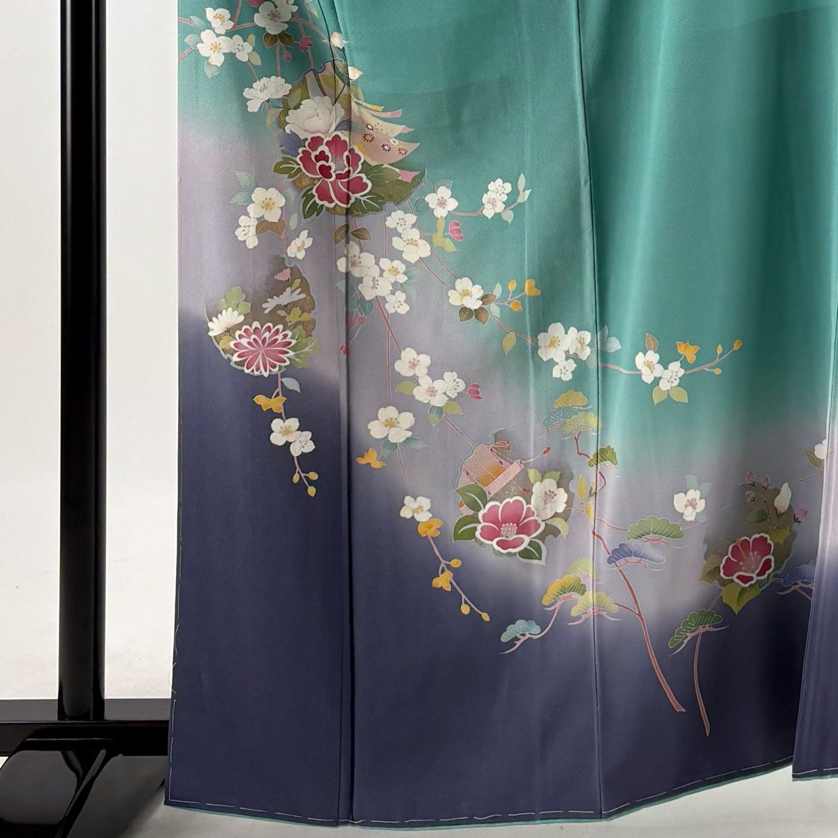 訪問着 身丈162cm 裄丈68.5cm L 袷 落款 雪輪 草花 金彩 ぼかし 青緑 正絹 秀品 【中古】