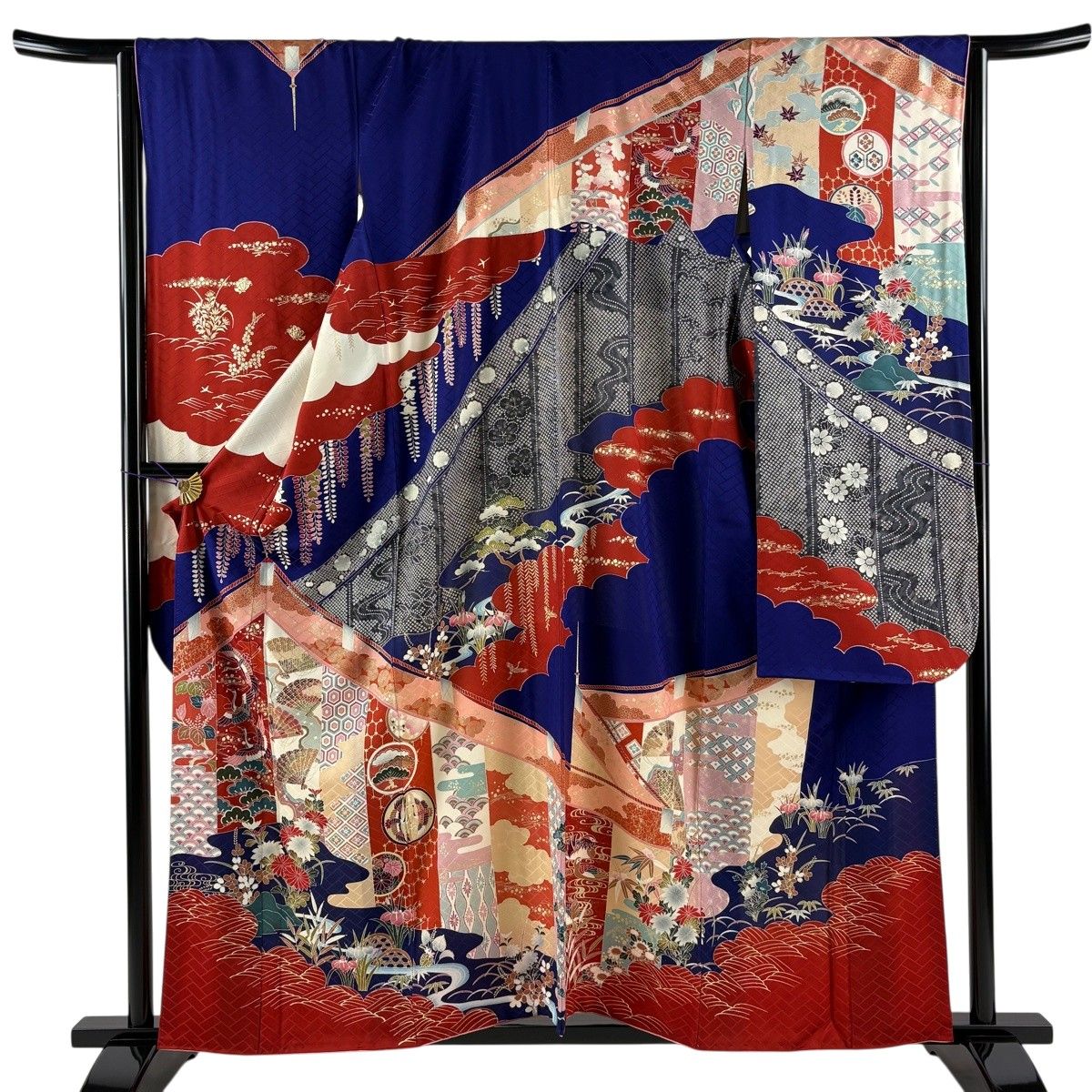 【美品】 振袖 身丈158cm 裄丈65cm M 袷 幔幕 花鳥 金彩 赤茶 正絹 秀品 【中古】